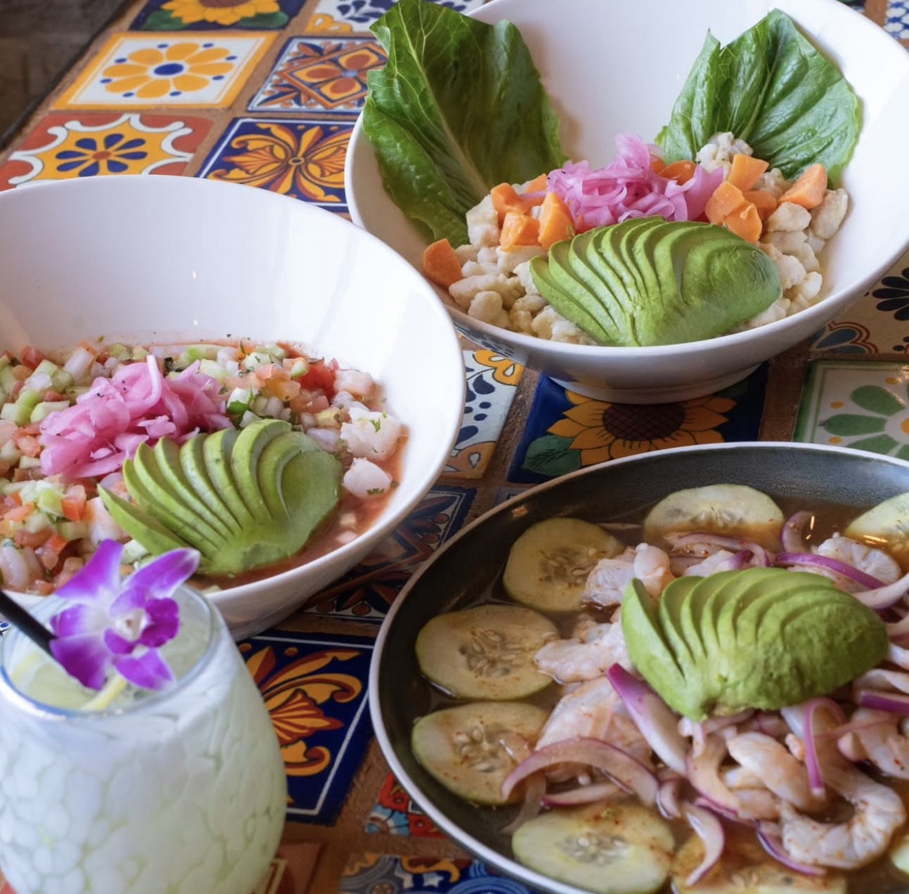 Fresh ceviche with avocado and seafood